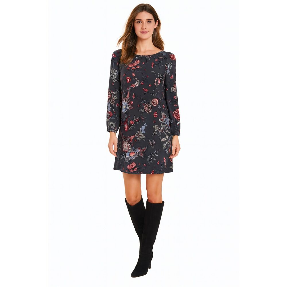 Floral Boho Shift Dress Gray Red Blue Long Sleeve Puff Sleeve Retro 4P Mini